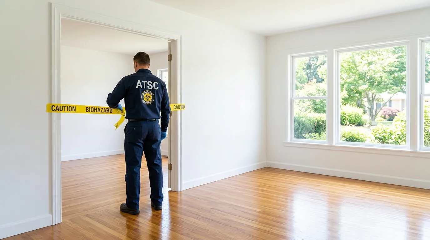 Certified biohazard cleanup crew performing Decomposition Cleanup in Thiells